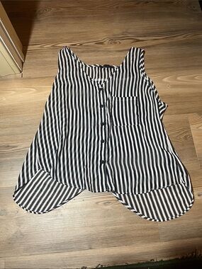 Black & White Striped Sheer Button-Front Sleeveless Tank Top